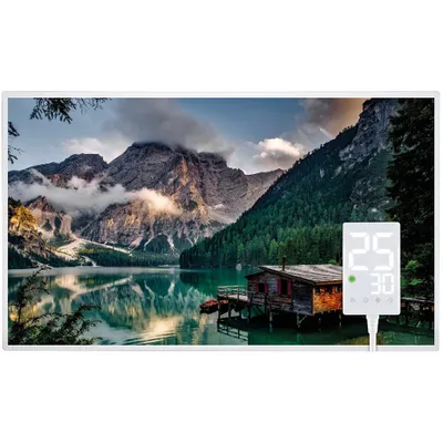 A landscape image of a mountain lake with a cabin, overlaid with a digital display showing temperature.