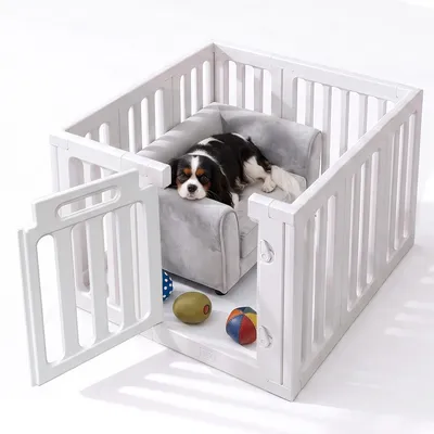 Image de Enclos pour chiots, composé de 10 panneaux et d'une porte verrouillable, hauteur 60 cm, en HDPE, pour chiens et chats, pour intérieur, de couleur blanche