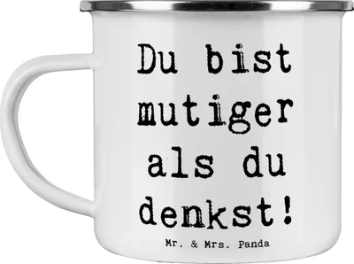 Produktbild von Mr. & Mrs. Panda Emailletasse Spruch Alleine schlafen lernen Mutiger als gedacht - Weiß - Geschenk, Pott, Vertrauen, Trost, Emaille Becher, Teetasse, Überwindung, Tasse
