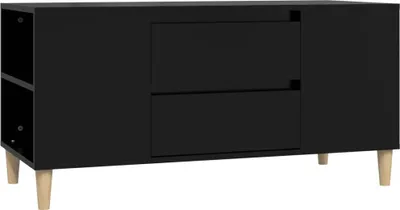 A black TV cabinet with wooden legs is shown against a white background.