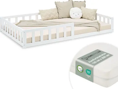 Image de Lit D'Enfant 120x200 cm avec Matelas Lit Montessori avec Barriere en Bois Blanc Lit au Sol Bebe Lit Bas Lit Simple