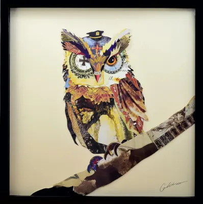 Produktbild von Der General Eule - 3D Collage Kunst Art Wandbild Vogel Pop-Art Handgefertigt 61x61 cm