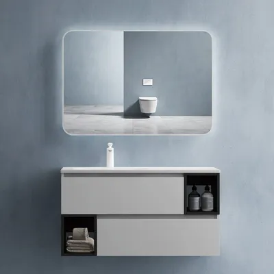 Image de doporro Meuble de Salle de Bain Gris Clair Ensemble de 3 Pièces Meuble avec Lavabo 100cm et LED Miroir Design Gemini avec 2 Tiroirs