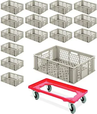 Produktbild von 16x Eurobehälter durchbrochen 600x400x200 mm, 38,5 Liter, kieselgrau PLUS GRATIS Transportroller mit Flüsterrollen
