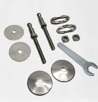 A collection of metal and plastic hardware components, including bolts, nuts, washers, and a wrench, laid out on a white background.