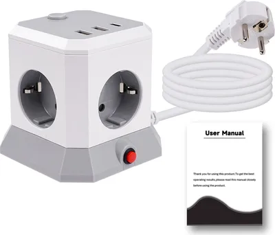 Produktbild von 7 in 1 Steckdosenwürfel mit 4 AC Steckdosen (4000W/16A), 2 USB-A Ports (5V/2.4A) und 1 USB-C Port (5V/3A), kompakt mit Hauptschalter und 1,8m Kabel