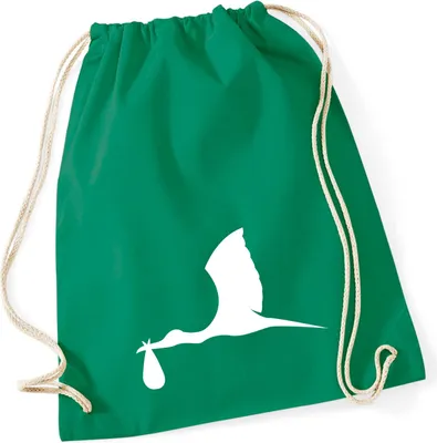 Produktbild von Huuraa Turnbeutel Klapperstorch mit Baby Silhouette 12 Liter Kelly Green Baumwolle Rucksack Geschenkidee