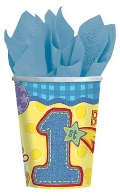 Produktbild von Amscan Einweg Partybecher zum ersten Geburtstag für Jungen, 8 Stück, 266 ml