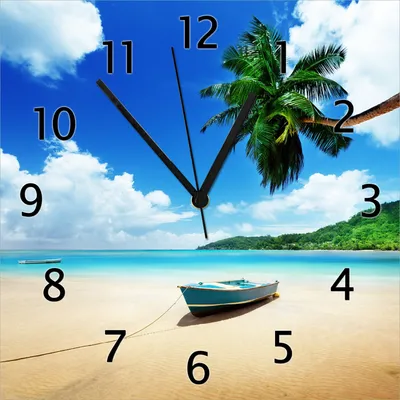 Produktbild von Wallario Design Wanduhr Urlaub am Palmenstrand unter Palmen mit Fischerboot aus Echtglas, Größe 30 x 30 cm