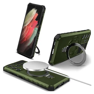Obrázek produktu pro Pouzdro pro Samsung Galaxy S21 Ultra 5G magnetické s MagSafe, držák prstenu, stojánek, dvouvrstvé ochranné pouzdro zelené
