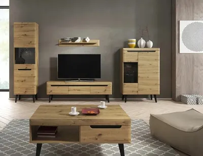Produktbild von Wohnzimmer-set NORDI 2 TV-Schrank + 2xVitrinen + Wandregal + Couchtisch Eiche Artisan