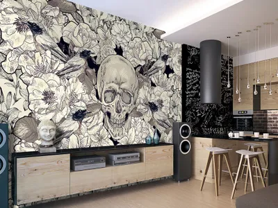 Produktbild von Vlies Fototapete 350x256 cm Tapeten Wandtapete XXL Blumen Vogel Totenkopf b-A-0169-a-c