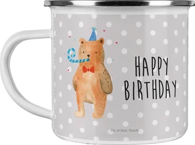 Produktbild von Mr. & Mrs. Panda Teetasse Bär Geburtstag - Grau Pastell - Geschenk, Kaffeepott, Reisebecher, Alles Gute, Glückwunsch, Emaille Tasse, Pott, Happy Birthday, Teebecher