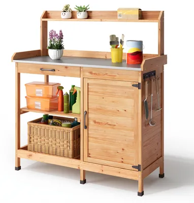 Image de Table de jardin - Table de travail pour le jardinage - Table pour plantes avec espace de rangement - Meuble de jardin avec étagères