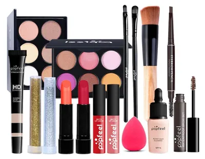 Produktbild von Make-up Geschenkset für Gesicht, Augen und Lippen mit Lidschatten, Lippenstift, Rouge, Mascara und Pinsel