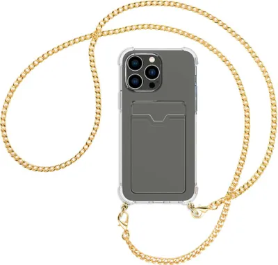 Produktbild von Handykette Backcover-Schutzhülle mit Band (Metall goldfarben) für Apple iPhone 14 Pro Max (6.7'') - goldfarbene Kette