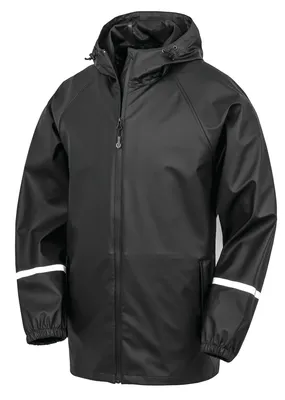 A black rain jacket with reflective stripes on the sleeves, shown front-on against a white background.