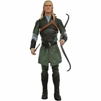 A full-body shot of a Legolas action figure from The Lord of the Rings, holding a bow and arrow.