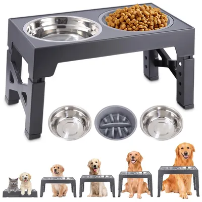 Image de Gamelle surélevée pour chiens avec bols en acier inoxydable - Réglable sur 5 hauteurs