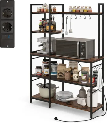 Produktbild von KOMFOTTEU Küchenregal 5 Ebenen mit Ladestation, Standregal mit offenen Regalen & 10 S-Haken, Bäckerregal Freistehend Vintage, Mikrowellenregal 107 x 37 x 160 cm Metall für Esszimmer industriell