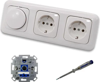 Produktbild von REV Ritter LED Drehdimmer Dimmer + Busch Jäger Dimmerscheibe 2115-214 und 2 x Steckdose 20EUC-214 in Reflex Si alpinweiß glänzend inklusive EBROM Phasenprüfer zur Montage der Geräte ET1 66012B