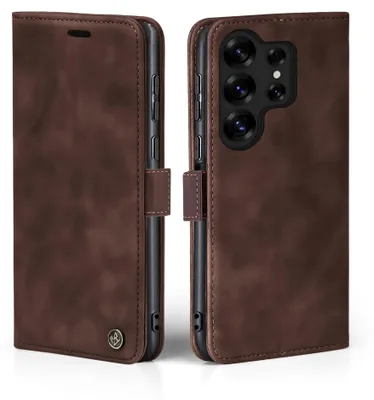 A brown leather flip case for a smartphone is shown from two angles.
