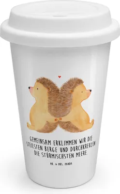 Produktbild von Mr. & Mrs. Panda Coffee To Go Becher Igel händchenhaltend - Weiß - Geschenk, keramik kaffeebecher, Lieblingsmensch, Isolierbecher, Liebesgeschenk, Thermobecher, Hochzeit