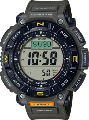 Produktbild von Casio Pro-Trek Herren Digitaluhr Silber, Solar, 10 Bar wasserdicht, kälteunempfindlich bis -10°C, mit Höhenmesser, Barometer, Kompass, Thermometer. Gehäuse 54.7x51.7x15.1mm, 54g. Aus Resin & Mineralglas mit biobasiertem Gehäuseboden & Resinarmband.