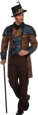 A man wearing a steampunk costume, holding a cane.