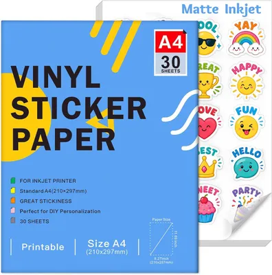 Imagen del producto de Papel adhesivo vinílico, autoadhesivo, resistente al agua, formato A4, 30 hojas, acabado mate, para impresoras de inyección de tinta
