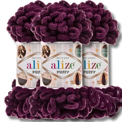 Zdjęcie produktu dla Alize Puffy Wolle, 3 motki po 100g, kolor fioletowy (111), idealna do szydełkowania i robienia na drutach