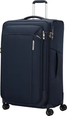 A navy blue Samsonite spinner suitcase is shown against a white background.