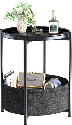 Immagine prodotto di Tavolino rotondo con cestino in tessuto, stile moderno, multifunzionale