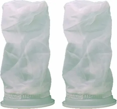 Two white filter bags with gray plastic bases are shown against a white background.
