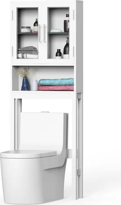 Produktbild von COSTWAY 3-stufiges Badezimmerregal über der Toilette, platzsparender Badschrank weiß mit 2 Türen, freistehender Toilettenregal für Badezimmer Wäsche Balkon