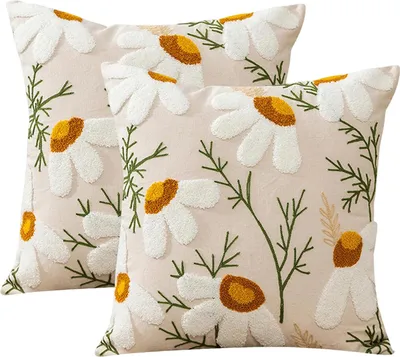 Produktbild von MODFU Kissenbezüge, 2er Set Kissenbezüge 45x45 cm, Handtuchstoff mit Blumenstickerei, weiche Dekokissenhüllen, Sofa/Kissenbezug, Wohnzimmer & Schlafzimmer, Modell 1