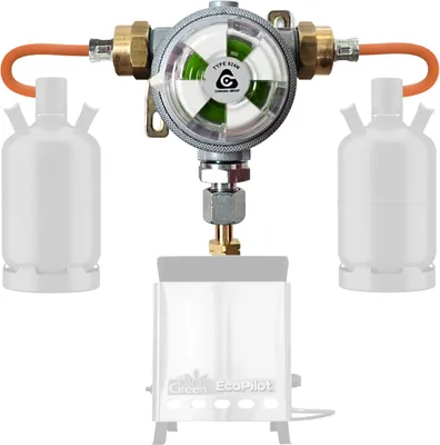 A gas regulator system with two gas canisters and a stove.