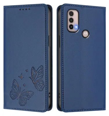 Produktbild von Lederhülle für Motorola Moto E20 / E30 / E40, Schmetterling Prägung Leder Brieftasche Schutzhülle mit Ständer Dunkelblau