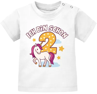 Produktbild von Baby T-Shirt Einhorn Alter Zahl Spruch Ich bin schon 1 (2) Geburtstagsshirt für Mädchen kurzarm Baumwolle MoonWorks® 2 Jahre weiß 80/86 (10-15 Monate)