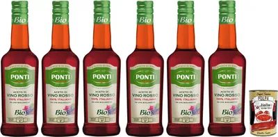 Produktbild von 6x Ponti Aceto di Vino Rosso -Rotweinessig Essig Säure 6%,Hergestellt aus 100% italienischen -Trauben,Glas 500ml + Italian Gourmet Polpa di Pomodoro 400g Dose
