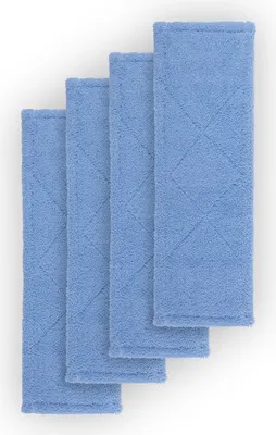 Four blue microfiber mop pads are arranged in a staggered formation against a white background.
