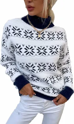 Produktbild von ASKSA Damen Weihnachten Pullover Strickpulli Hohem Kragen Langarm Jumper Sweater, B Dunkelblau, L