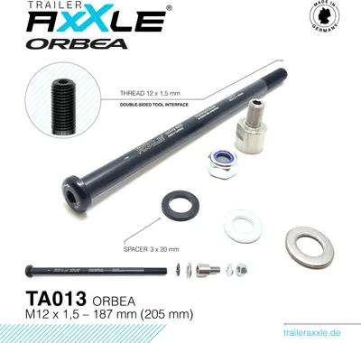 Image de Trailer AxXle TA013 Orbea - L'axe pour vélo remorque enfant : 187 mm : M12x1,5 Longueur d'axe : 187 mm Filetage : M12x1,5