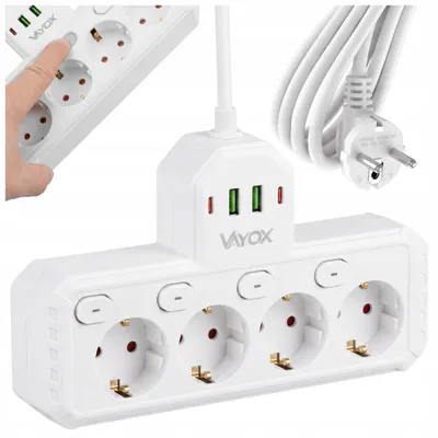 Produktbild von Vayox Steckdosenleiste 4-Fach Schuko 2m Weiß | Einzeln Schaltbar Mehrfachsteckdose 2x USB-C 2x USB-A 2.1A | 2500W Mehrfachstecker Schuko