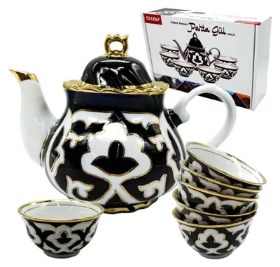 Produktbild von 7-tlg. Service „Pahta Gul“ – Teekanne 0,9 L + 6 Schalen Porzellan Weiß-Blau-Gold-Design Usbekistan