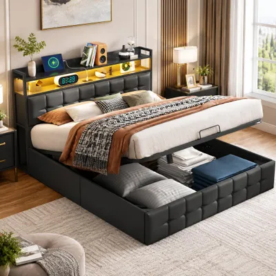 Produktbild von INONEFT Polsterbett 140x190cm, hydraulisches Boxspringbett mit Lattenrost, Stauraumbett mit LED und USB, Doppelbett, Jugendbett, PU, Schwarz