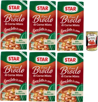 Produktbild von STAR Il Mio Brodo di Carne Mista, 6x 500ml, Bereit -hergestellte flüssige Brühe, 100% natürlich, ohne Konservierungsstoffe, Gluten -freie und hinzugefügte glutamatfreie + Italian Gourmet polpa 400g