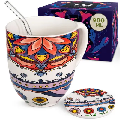 Produktbild von YC YANG CHAI Jumbotasse 900ml - XXL Tasse mit Untersetzer - große Teetasse, Jumbo Tasse, Tee Tasse, Riesenbecher, Kaffeebecher, Jumbobecher