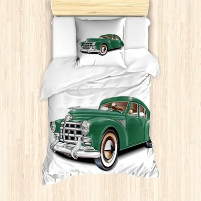 Produktbild von ABAKUHAUS Männlich Mantele, Nostalgische Oldtimer, Milbensicher Allergiker geeignet mit Kissenbezügen, 135 cm x 200 cm - 80 x 80 cm, Forest Green Weiß