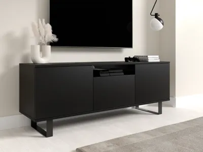 Produktbild von TV-Schrank 150 cm, Fernsehtisch, Lowboard, Mattschwarz, schwarze Metallfüße, Modernes Design, "Masimo"